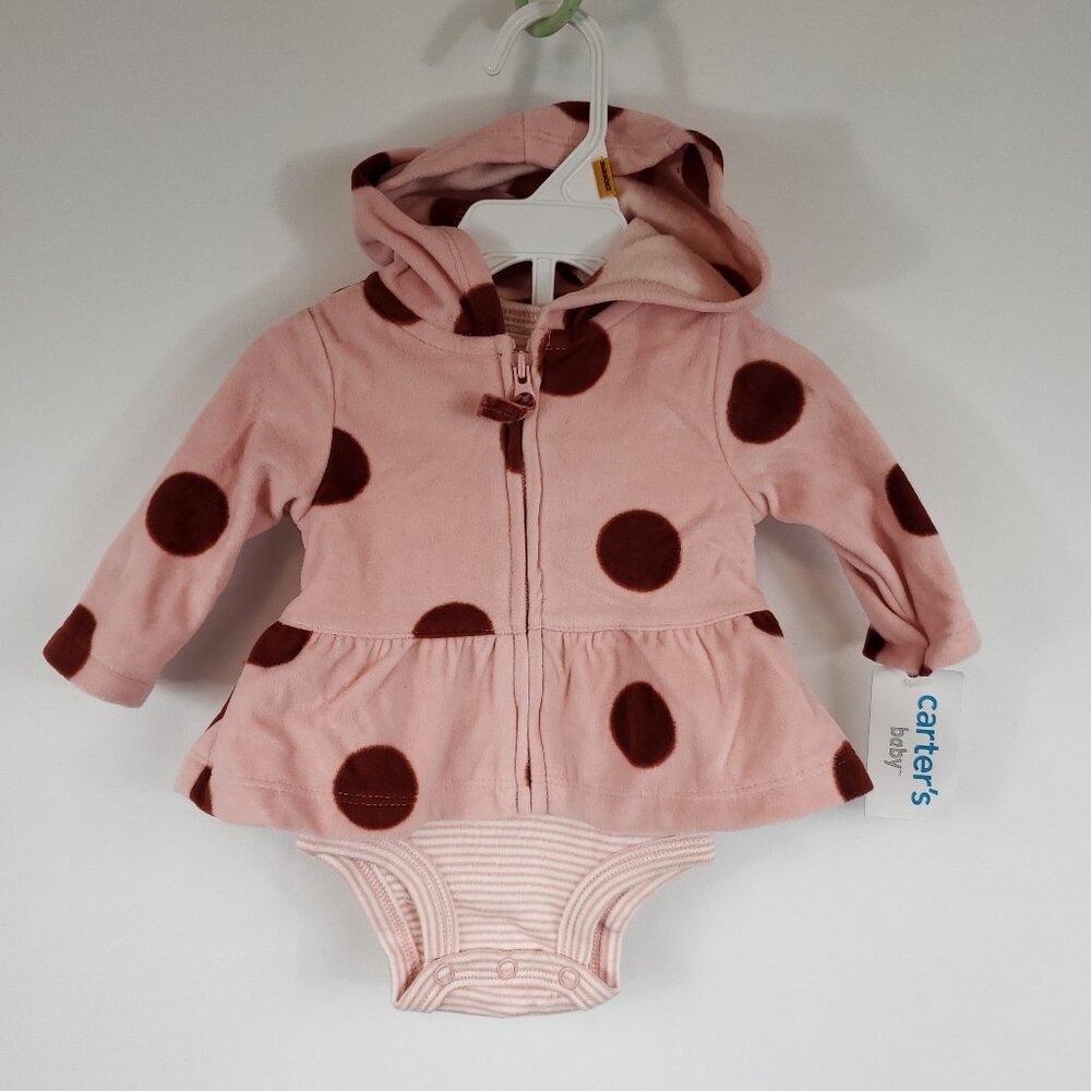 Carters Adorable Baby Girl Fleece Pink Polka Dot Hooded Lng Slv Zip Up NB NWT